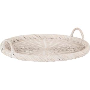 imageKate and Laurel Cormont Modern Round Woven Rattan Tray with Handles 23 Inch Diameter Natural Rattan Decorative Circle Boho Tray for Use as Versatile Ottoman Tray or Serving PlatterWhite