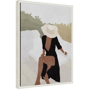 imageKate and Laurel Elegant Womanin Hat Framed Canvas Wall Art by July Art Prints 18 x 24 Sylvie Beaded White Modern People Beach Abstract Art for Wall Decor Living Room Bedroom
