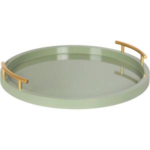 imageKate and Laurel Halsey Decorative Wooden Round Tray with Polished Metal Handles 16 Inch Diameter Sage Green and Gold Modern Glam Circle Serving Tray for Use as Ottoman Topper or Coffee Table Accent
