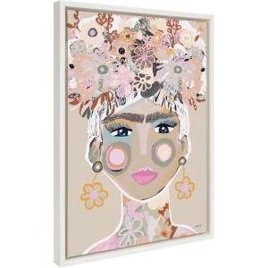 imageKate and Laurel Sylvie Frida Frollae Framed Canvas Wall Art by Inkheart Designs 18x24 White Modern Floral Female Portrait Art