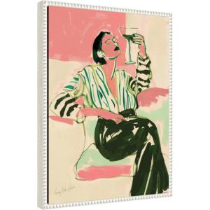 imageKate and Laurel Fashion Woman Drinking Martini Framed Canvas Wall Art by Honey Island Studio 18 x 24 Sylvie Beaded White Modern People Entertainment Art for Wall Decor Living Room Bedroom