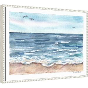 imageKate and Laurel Ocean Seascape Framed Canvas Wall Art by Patricia Shaw 24 x 18 Sylvie Beaded White Coastal Landscapes Beach Nature Art for Wall Decor Living Room Bedroom