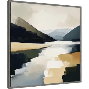 imageKate and Laurel Sylvie Mountain Lake Modern Abstract Landscape Framed Canvas Wall Art by The Creative Bunch Studio 30x30 Grey Modern Contemporary Abstract Landscapes Art for Wall Decor Living Room