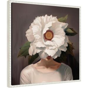 imageKate and Laurel White Flower Woman Portrait Framed Canvas Wall Art by The Creative Bunch Studio 22 x 22 Sylvie Beaded White Modern People Flowers Nature Art for Wall Decor Living Room Bedroom