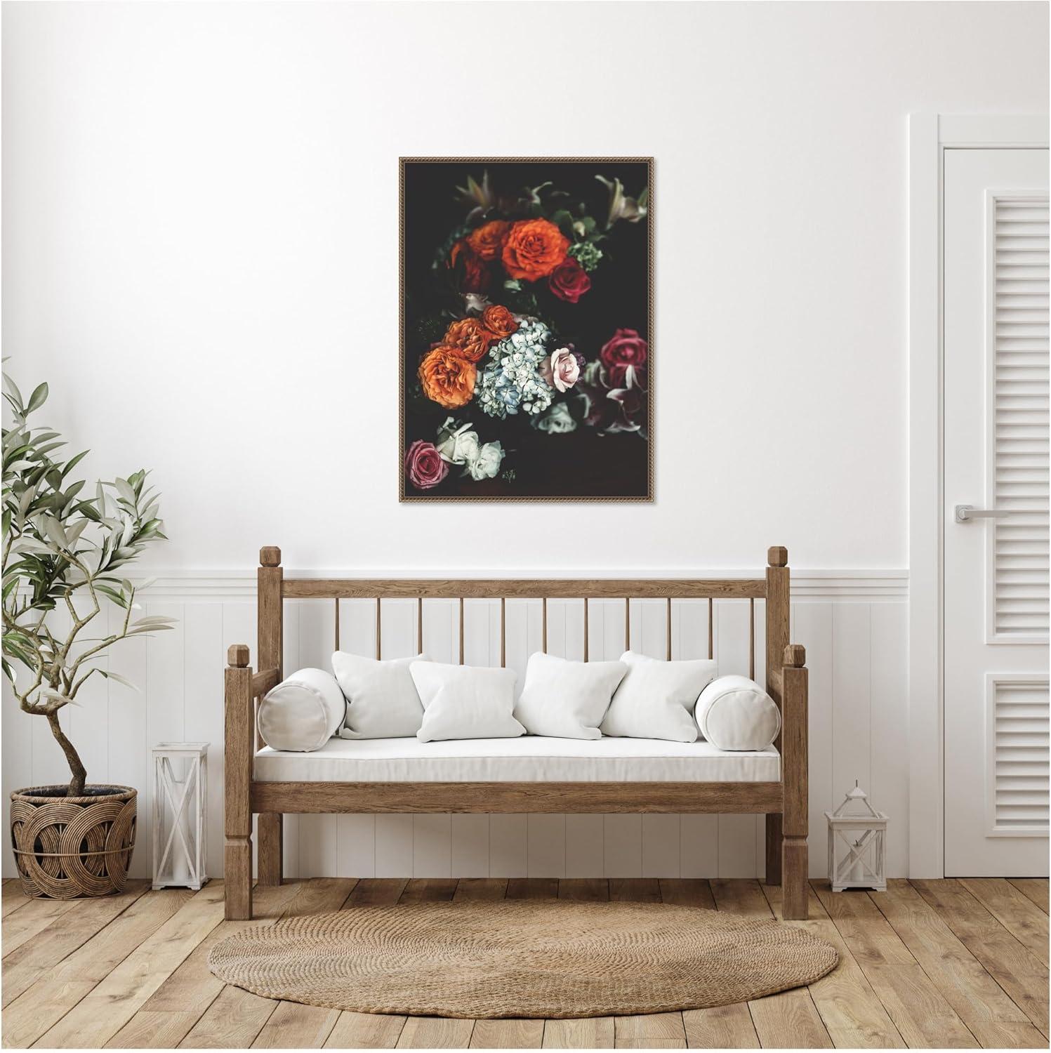 imageKate and Laurel Abundance Framed Canvas Wall Art by Alicia Abla 28 x 38 Sylvie Beaded Dark Gold Vintage Still Life Flowers Art for Wall Decor Living Room Bedroom