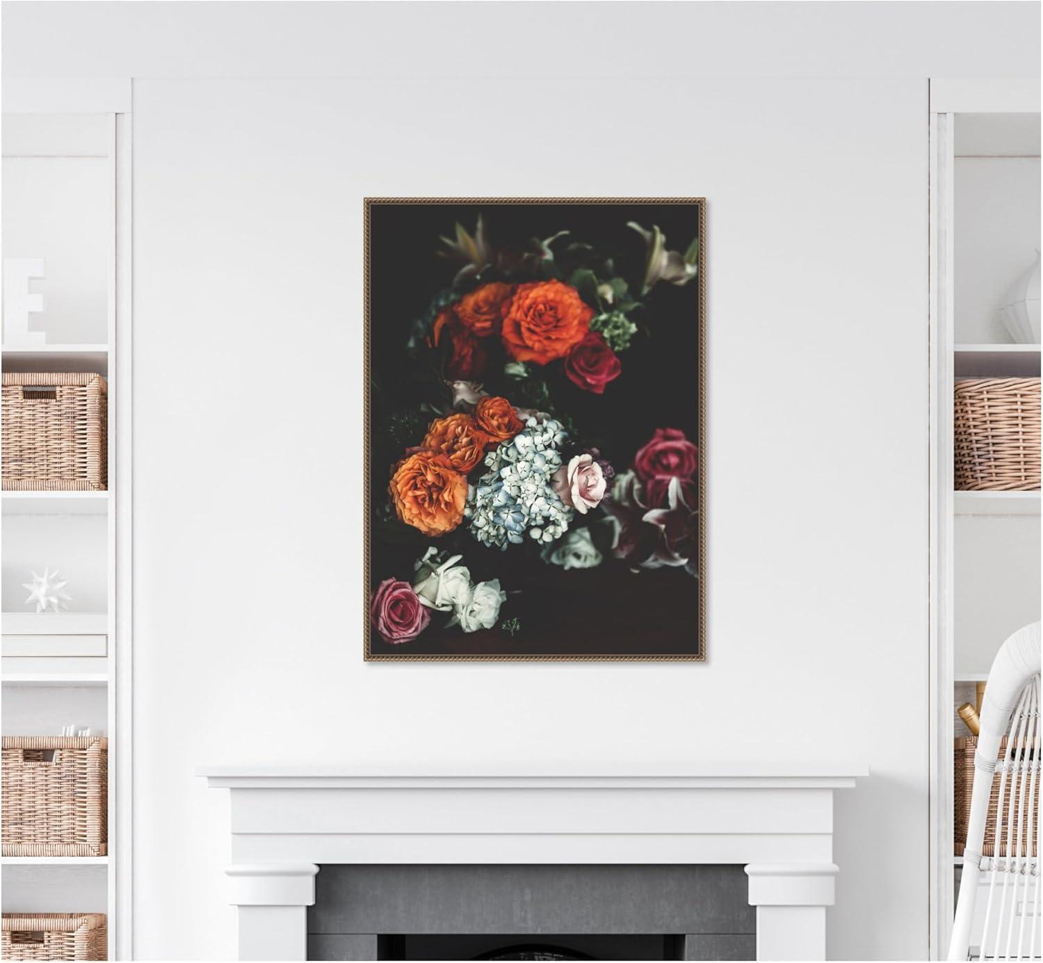 imageKate and Laurel Abundance Framed Canvas Wall Art by Alicia Abla 28 x 38 Sylvie Beaded Dark Gold Vintage Still Life Flowers Art for Wall Decor Living Room Bedroom