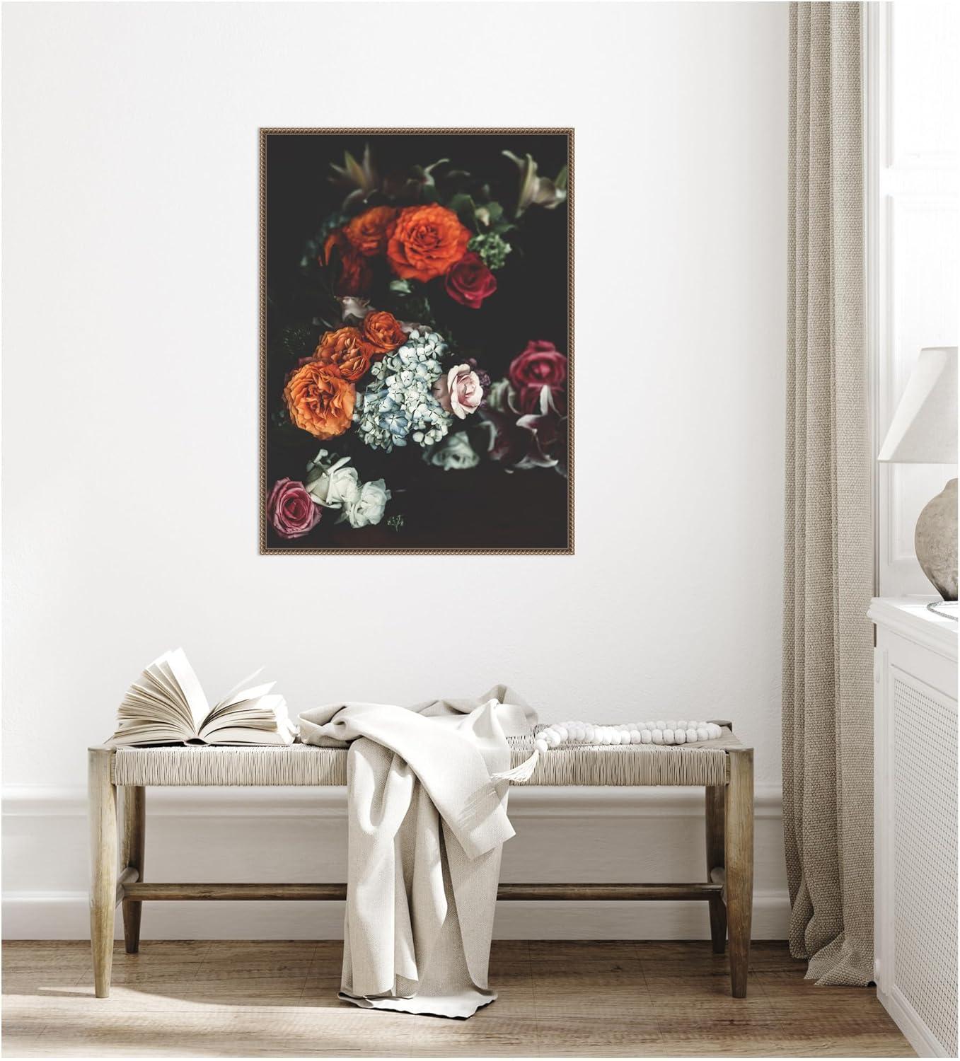 imageKate and Laurel Abundance Framed Canvas Wall Art by Alicia Abla 28 x 38 Sylvie Beaded Dark Gold Vintage Still Life Flowers Art for Wall Decor Living Room Bedroom