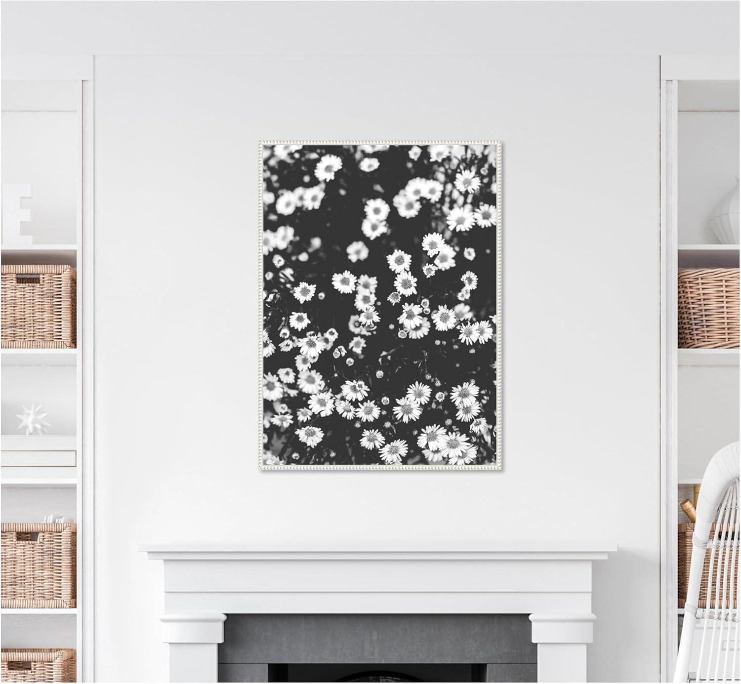 imageKate and Laurel Chamomile Framed Canvas Wall Art by Alicia Abla 28 x 38 Sylvie Beaded White Vintage Flowers Nature Art for Wall Decor Living Room Bedroom