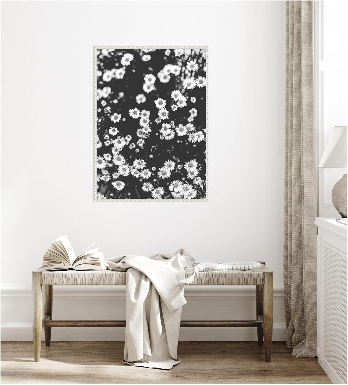 imageKate and Laurel Chamomile Framed Canvas Wall Art by Alicia Abla 28 x 38 Sylvie Beaded White Vintage Flowers Nature Art for Wall Decor Living Room Bedroom
