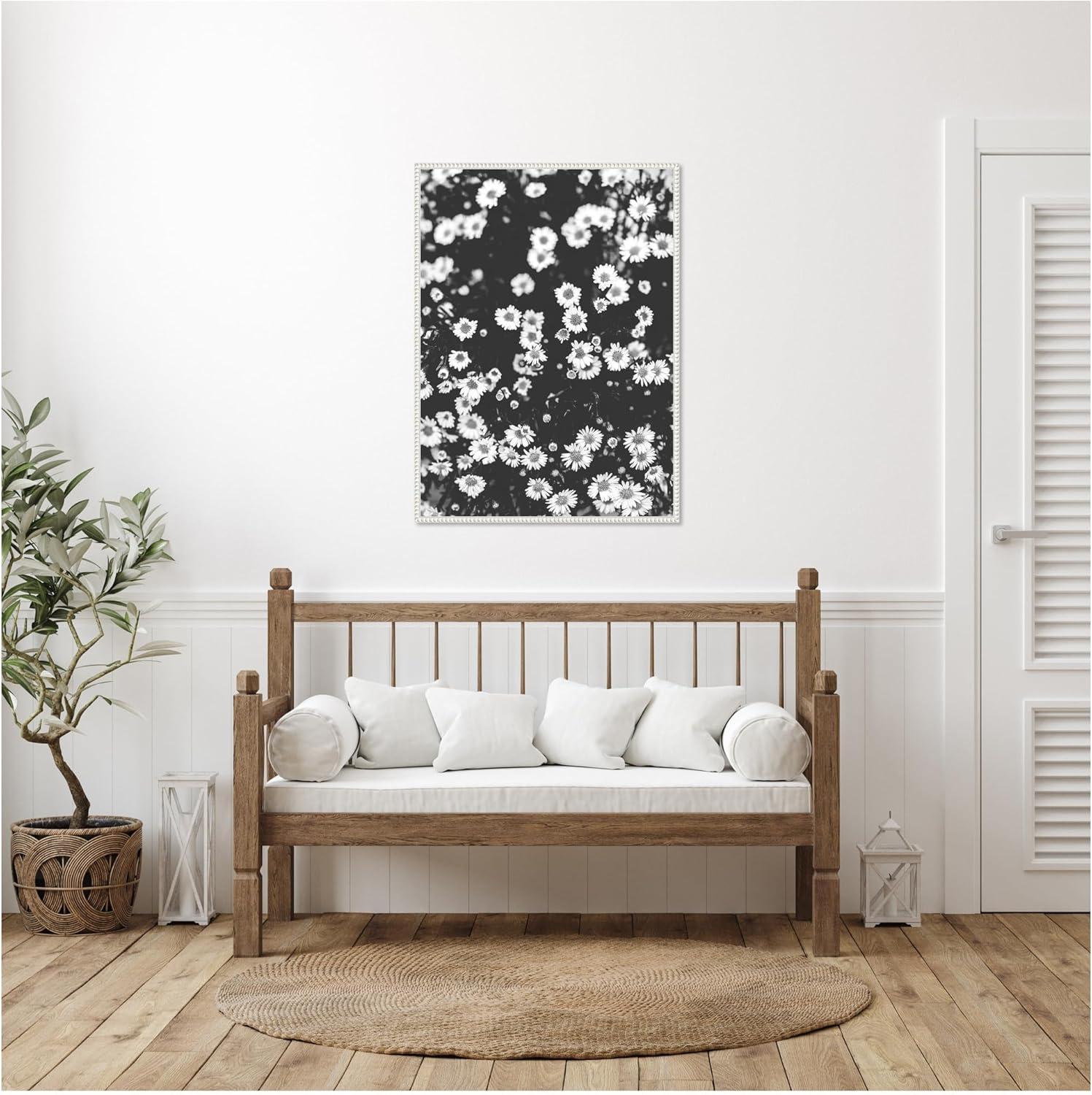 imageKate and Laurel Chamomile Framed Canvas Wall Art by Alicia Abla 28 x 38 Sylvie Beaded White Vintage Flowers Nature Art for Wall Decor Living Room Bedroom