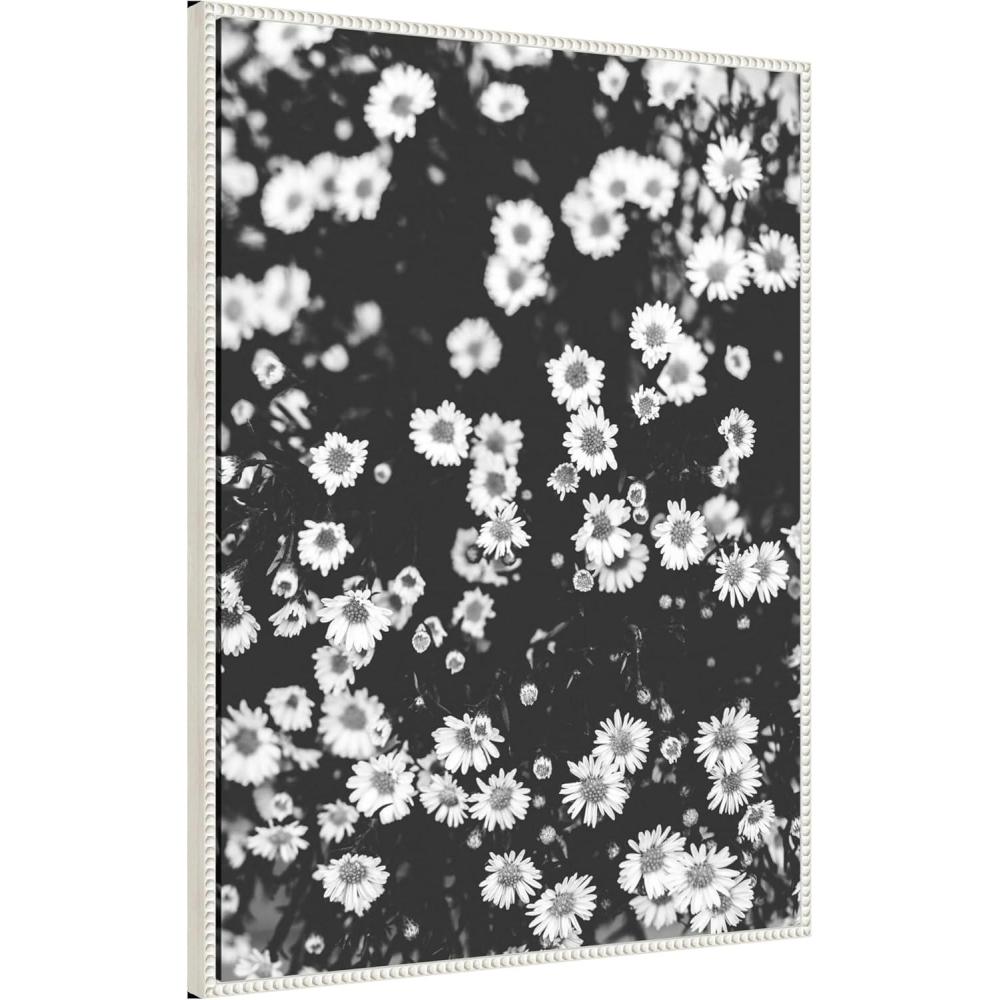 imageKate and Laurel Chamomile Framed Canvas Wall Art by Alicia Abla 28 x 38 Sylvie Beaded White Vintage Flowers Nature Art for Wall Decor Living Room Bedroom