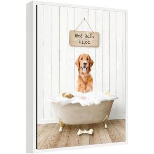 imageKate and Laurel Amber Retriever in Farmhouse Hot Bath Framed Canvas Wall Art by Amy Peterson 18 x 24 Sylvie White Whimsical Animals Humor Art for Wall Decor Living Room Bedroom
