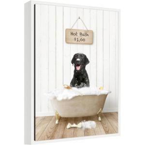 imageKate and Laurel Black Lab in Farmhouse Hot Bath Framed Canvas Wall Art by Amy Peterson 18 x 24 Sylvie White Traditional Animals Humor Bathroom Art for Wall Decor Living Room Bedroom