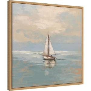 imageKate and Laurel Calm Pastel Sailboat Landscape Framed Canvas Wall Art by The Creative Bunch Studio 22 x 22 Sylvie Natural Coastal Beach Landscapes Art for Wall Decor Living Room Bedroom