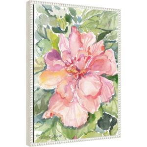 imageKate and Laurel Pink Hibiscus In Antigua Framed Canvas Wall Art by Patricia Shaw 18 x 24 Sylvie Beaded White Coastal Flowers Nature Art for Wall Decor Living Room Bedroom