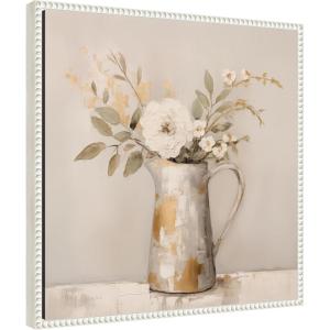 imageKate and Laurel Pitcher with Flowers Boho Country 1 Framed Canvas Wall Art by The Creative Bunch Studio 22 x 22 Sylvie Beaded White Bohemian Still Life Abstract Art for Wall Decor Living Room