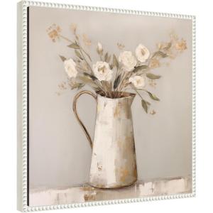 imageKate and Laurel Pitcher with Flowers Boho Country 2 Framed Canvas Wall Art by The Creative Bunch Studio 22 x 22 Sylvie Beaded White Bohemian Still Life Flowers Art for Wall Decor Living Room