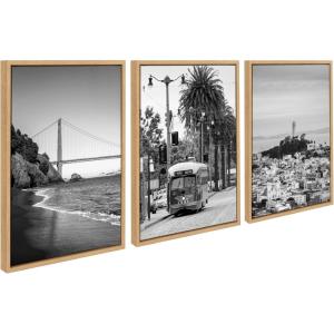 imageKate and Laurel Sylvie San Francisco Black and White Framed Canvas Wall Art Set by Crystal Lynn Collins 3 Piece Set Natural