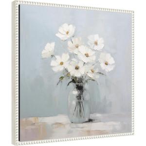 imageKate and Laurel White Daisies in a Jar on French Cottage Blue Framed Canvas Wall Art by The Creative Bunch Studio 22 x 22 Sylvie Beaded White Transitional Still Life Flowers Art for Wall Decor