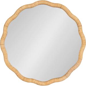 imageKate and Laurel Rahfy Boho Scalloped Round Rattan Mirror 32 Inch Diameter Natural Wood Decorative Round Wavy Mirror with Authentic Rattan Frame for Boho Wall DecorNatural
