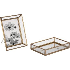 imageKate and Laurel Nevala Decorative 5x7 Picture Frame and Tabletop Tray Set of 2 Antique Brass Vintage Decor Set Including Photo Frame and Decor Tray
