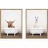 imageKate and Laurel Sylvie Highland Cow Rustic Bubble Bath and Llama Rustic Bubble Bath Framed Canvas Wall Art Set by Amy Peterson Art Studio 2 Piece Set 18x24 Natural Bathroom Animal Wall Dcor Art Set