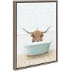 imageKate and Laurel Sylvie Highland Cow and Duckling in Little Fish Bath Framed Canvas Wall Art by Amy Peterson Art Studio 18x24 Gray Cute Animal Bathtub Art for Wall