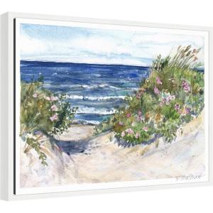 imageKate and Laurel Coast Guard Beach with Roses In The Dunes Framed Canvas Wall Art by Patricia Shaw 24 x 18 Sylvie White Coastal Beach Nature Flowers Art for Wall Decor Living Room Bedroom