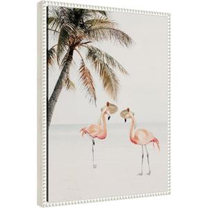 imageKate and Laurel Flamingos on Vacation Framed Canvas Wall Art by July Art Prints 18 x 24 Sylvie Beaded White Whimsical Beach Animals Art for Wall Decor Living Room Bedroom