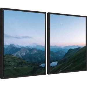 imageKate and Laurel Moonrise Over the Mountain Lake Set of 2 18x24 Framed Canvas Wall Art Set by Michael Schauer Sylvie Black Modern Landscapes Nature Art for Wall Decor Living Room Bedroom