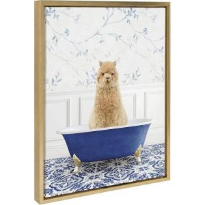 imageKate and Laurel Sylvie Alpaca In Eclectic Blue Bath Framed Canvas Wall Art by Amy Peterson Art Studio 18x24 White Whimsical Animal Art for WalGold