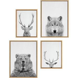 imageKate and Laurel Sylvie Deer Wolf Bear European and Cervus Elaphus The Red Deer Black and White Framed Canvas Wall Art Set by Simon Te of Tai Prints 4 Piece Set Natural Animal Portrait Art