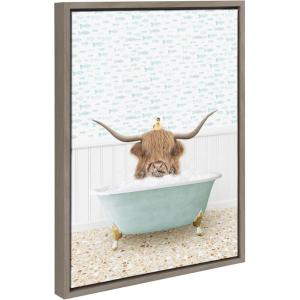 imageKate and Laurel Sylvie Highland Cow and Duckling in Little Fish Bath Framed Canvas Wall Art by Amy Peterson Art Studio 18x24 Gray Cute Animal Bathtub Art for Wall