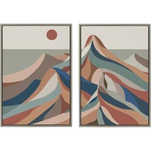 imageKate and Laurel Sylvie Mid Century Modern Mountains Blue Framed Canvas Wall Art by Rachel Lee of My Dream Wall 2 Piece 23x33 Walnut Brown Decorative Colorful Mountain Art Set for WallGray