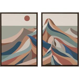 imageKate and Laurel Sylvie Mid Century Modern Mountains Blue Framed Canvas Wall Art by Rachel Lee of My Dream Wall 2 Piece 23x33 Walnut Brown Decorative Colorful Mountain Art Set for WallBrown