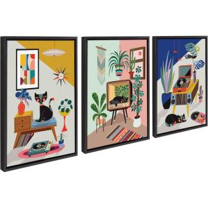 imageKate and Laurel Sylvie Record Player TV Cat Bed and Chill Out Saturday Framed Canvas Wall Art Set by Rachel Lee of My Dream Wall 3 Piece Set Black