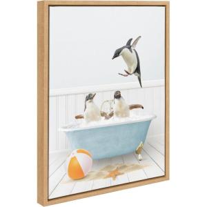 imageKate and Laurel Sylvie Three Penguins Beach House Bath Framed Canvas Wall Art by Amy Peterson 18x24 Natural Cute Animal Bathtub Art for WallNatural