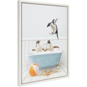 imageKate and Laurel Sylvie Three Penguins Beach House Bath Framed Canvas Wall Art by Amy Peterson 18x24 Natural Cute Animal Bathtub Art for WallWhite