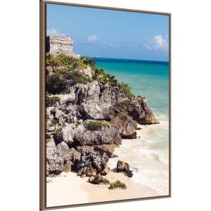 imageKate and Laurel Tulum Ruins Mexico Seascape Framed Canvas Wall Art by Stephanie Klatt 28 x 38 Sylvie Beaded Dark Gold Coastal Landscapes Beach Nature Art for Wall Decor Living Room