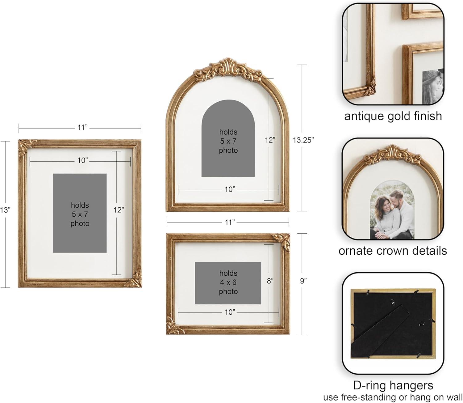 imageKate and Laurel Arendahl ThreePiece Picture Frame Set Antique Gold Set of 3 Varying Sizes Vintage Rectangle and Arched Photo Frame Set for Use as Gallery Wall Frames