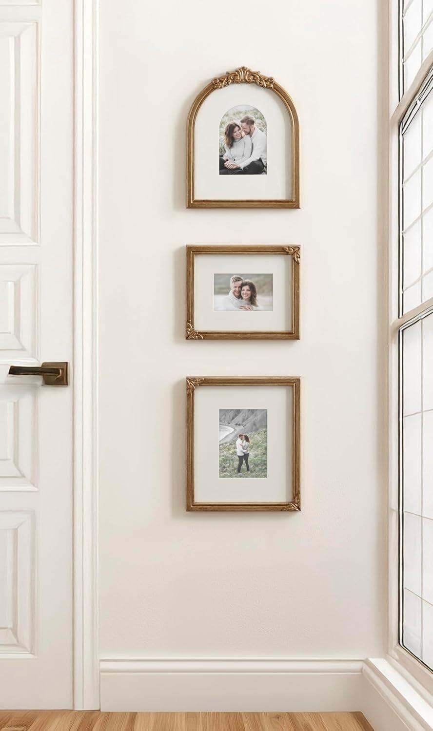 imageKate and Laurel Arendahl ThreePiece Picture Frame Set Antique Gold Set of 3 Varying Sizes Vintage Rectangle and Arched Photo Frame Set for Use as Gallery Wall Frames