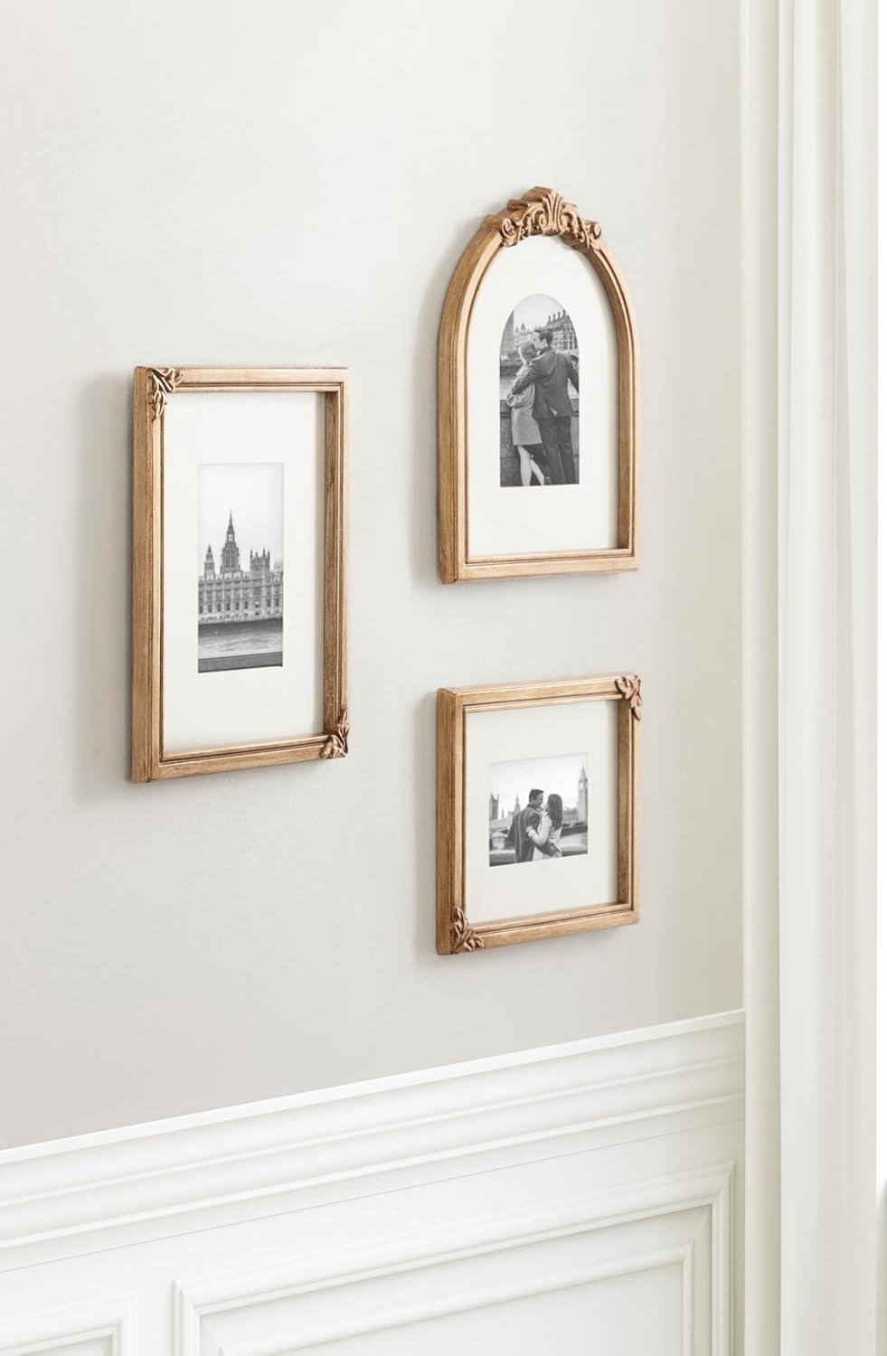 imageKate and Laurel Arendahl ThreePiece Picture Frame Set Antique Gold Set of 3 Varying Sizes Vintage Rectangle and Arched Photo Frame Set for Use as Gallery Wall Frames