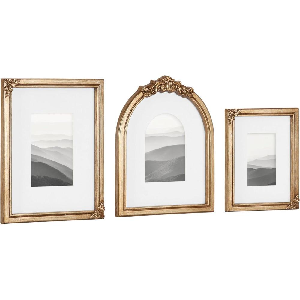 imageKate and Laurel Arendahl ThreePiece Picture Frame Set Antique Gold Set of 3 Varying Sizes Vintage Rectangle and Arched Photo Frame Set for Use as Gallery Wall Frames