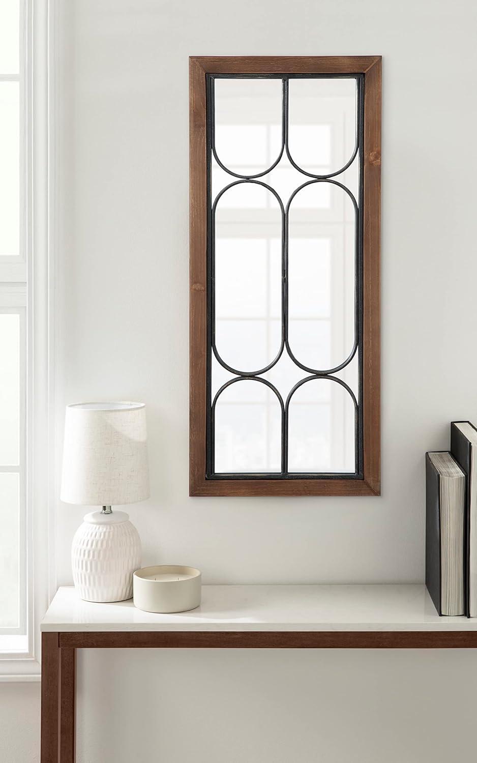 imageKate and Laurel Spechett Windowpane Rectangle Wall Mirror 13 x 30 Walnut Brown Framed Decorative Rectangular Mirror with Natural Geometric Iron Overlay and Tall Frame