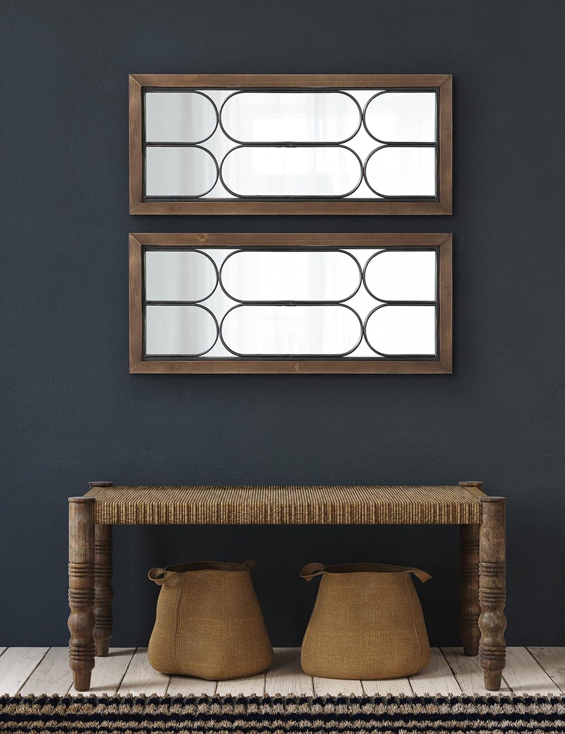 imageKate and Laurel Spechett Windowpane Rectangle Wall Mirror 13 x 30 Walnut Brown Framed Decorative Rectangular Mirror with Natural Geometric Iron Overlay and Tall Frame