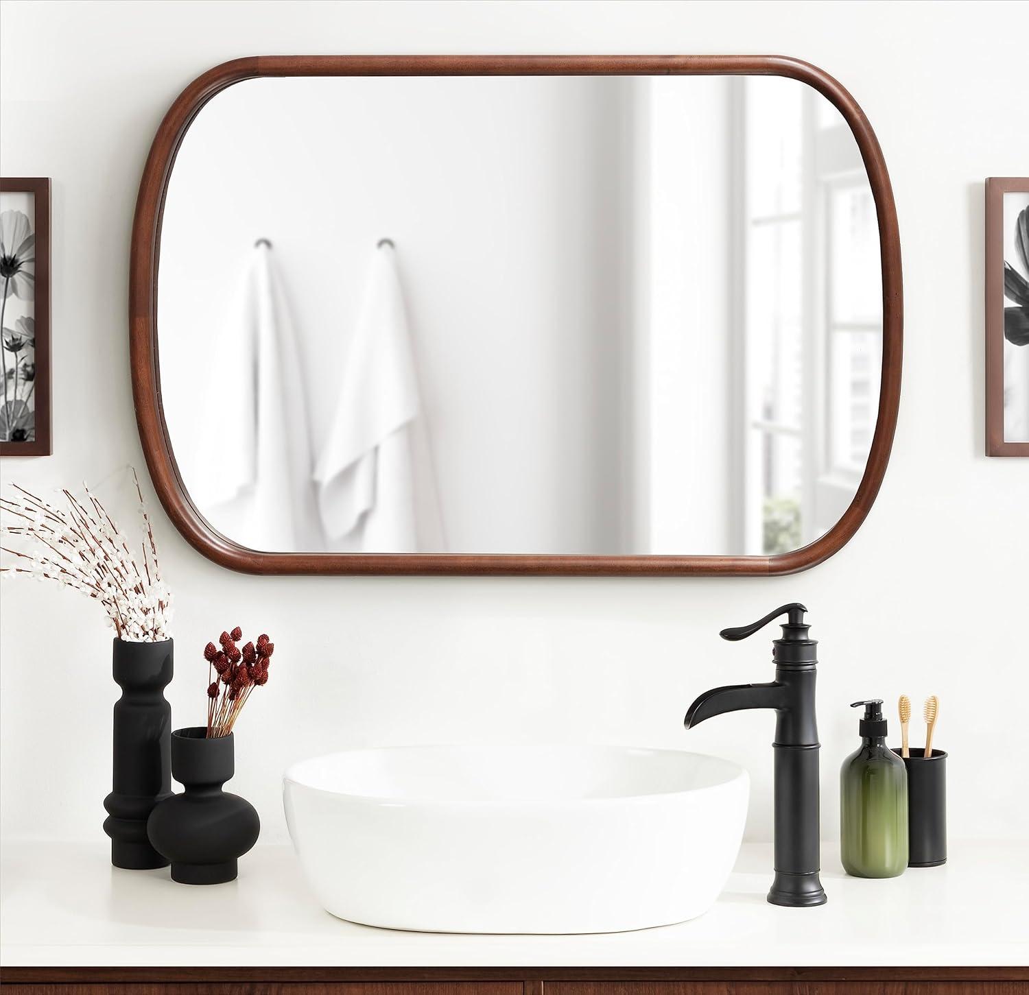 imageKate and Laurel Talma Modern Arched Oval Wall Mirror 24 x 36 Rustic Brown Transitional Capsule Wall Accent with Solid Poplar Wood Frame for Use as Bathroom Mirror for Over SinkWalnut Brown