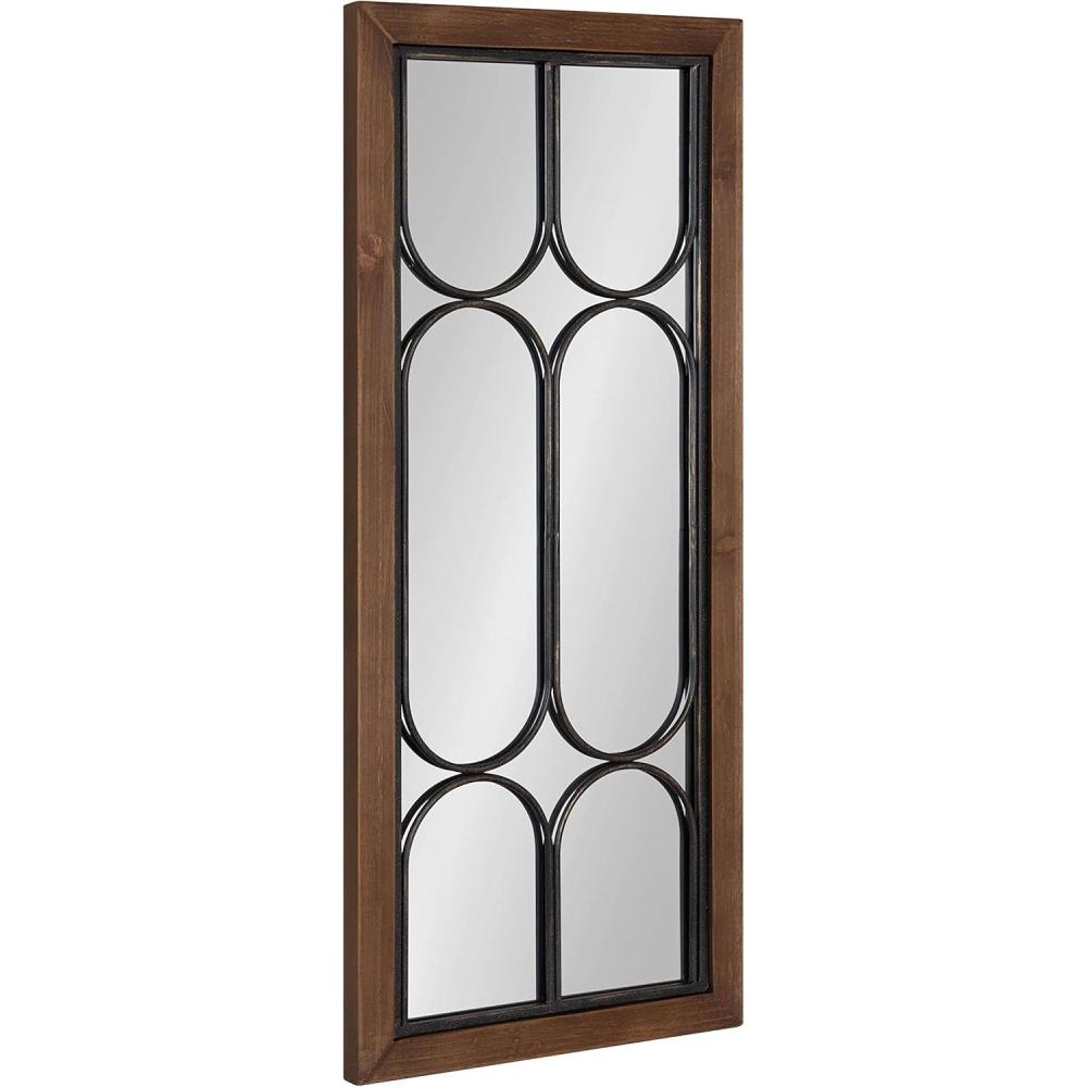 imageKate and Laurel Spechett Windowpane Rectangle Wall Mirror 13 x 30 Walnut Brown Framed Decorative Rectangular Mirror with Natural Geometric Iron Overlay and Tall Frame