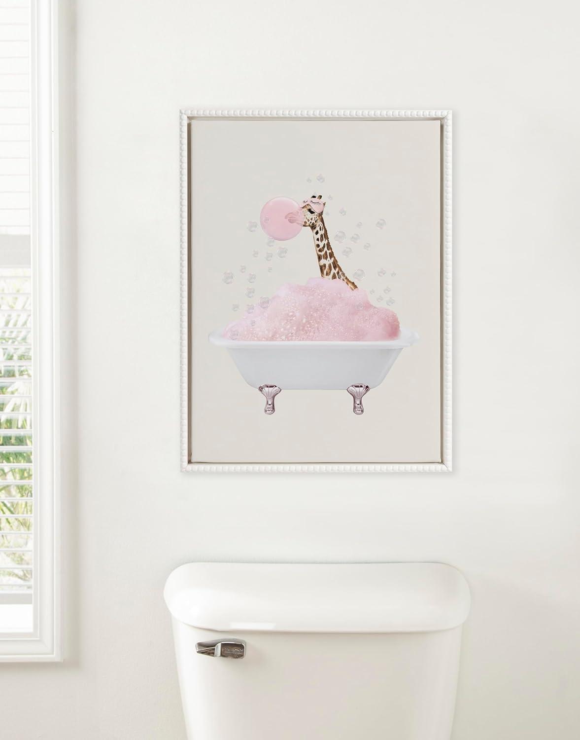 imageKate and Laurel Sylvie Beaded Giraffe Taking a Bath Vintage Framed Canvas Wall Art by July Art Prints 18x24 White Zoo Animal Bath Wall Decor