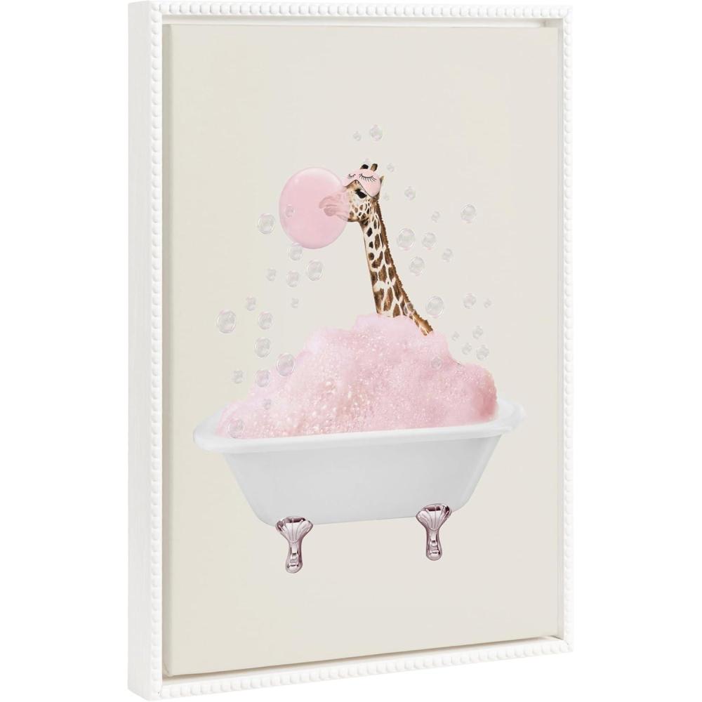 imageKate and Laurel Sylvie Beaded Giraffe Taking a Bath Vintage Framed Canvas Wall Art by July Art Prints 18x24 White Zoo Animal Bath Wall Decor