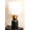 imageKate and Laurel Marley Modern Mango Wood and Metal Bedside Table Lamp 8 x 8 x 17 Antique Brass and Black Decorative Sculpted Hourglass Tabletop Desk Lamp with Linen Shade for Living Room DecorGoldBlack